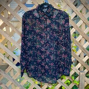 Vintage 90s Sheer Black Floral Button Up Shirt